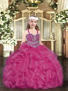 Trendy Fuchsia Lace Up Straps Beading and Ruffles Little Girl Pageant Gowns Organza Sleeveless