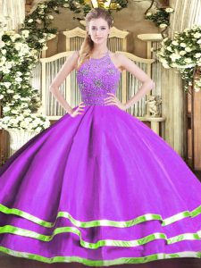 Chic Eggplant Purple Quinceanera Gowns Military Ball and Sweet 16 and Quinceanera with Beading Halter Top Sleeveless Zipper