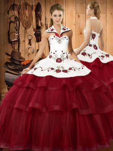 Wine Red Quince Ball Gowns Halter Top Sleeveless Sweep Train Lace Up