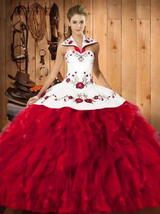 Red Sleeveless Satin and Organza Lace Up Quince Ball Gowns for Military Ball and Sweet 16 and Quinceanera