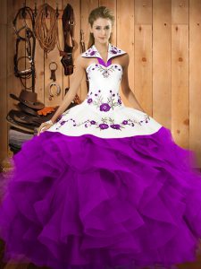 Most Popular Purple Halter Top Neckline Embroidery and Ruffles Quince Ball Gowns Sleeveless Lace Up