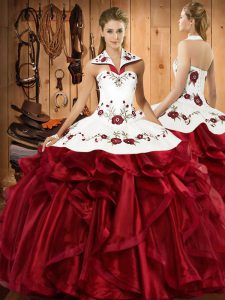 Stylish Wine Red Sweet 16 Dresses Military Ball and Sweet 16 and Quinceanera with Embroidery and Ruffles Halter Top Sleeveless Lace Up