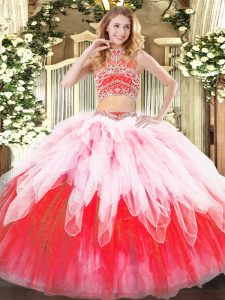 Designer Multi-color Backless Quinceanera Gown Beading and Ruffles Sleeveless Floor Length