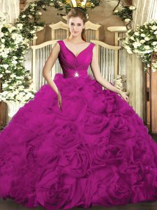 V-neck Sleeveless Backless Vestidos de Quinceanera Fuchsia Organza and Fabric With Rolling Flowers