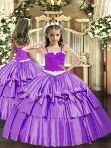 Discount Straps Sleeveless Kids Formal Wear Floor Length Appliques and Ruffled Layers Lavender Organza