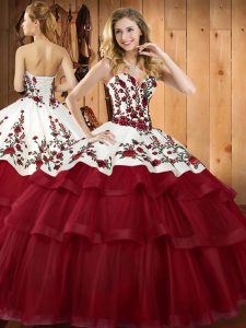 Popular Wine Red Ball Gowns Embroidery Quinceanera Gowns Lace Up Organza Sleeveless