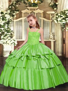 Sleeveless Floor Length Beading and Ruffled Layers Lace Up Pageant Gowns For Girls with Yellow Green