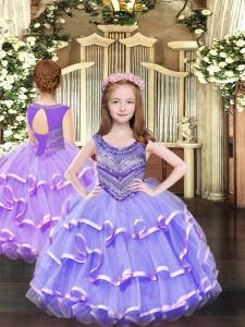 Sleeveless Lace Up Floor Length Beading and Ruffled Layers Little Girls Pageant Gowns