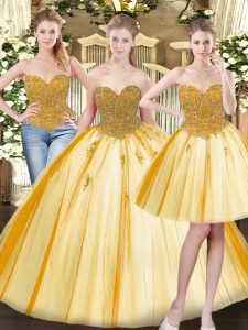 Shining Gold Sleeveless Beading and Appliques Floor Length 15th Birthday Dress