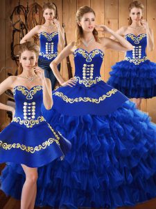 Popular Blue Ball Gowns Sweetheart Sleeveless Tulle Floor Length Lace Up Embroidery and Ruffled Layers Vestidos de Quinceanera