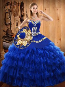 Blue Ball Gowns Embroidery and Ruffled Layers Sweet 16 Dress Lace Up Tulle Sleeveless Floor Length