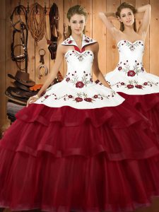 Halter Top Sleeveless Sweep Train Lace Up Sweet 16 Dresses White And Red Organza