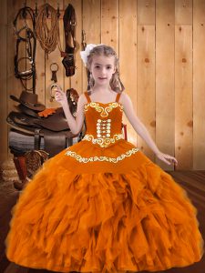 Luxurious Floor Length Lace Up Little Girls Pageant Dress Orange for Party and Sweet 16 and Quinceanera and Wedding Party with Embroidery and Ruffles