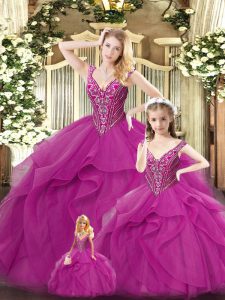 Sleeveless Floor Length Beading and Ruffles Lace Up Quinceanera Gown with Fuchsia