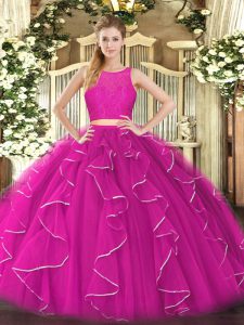 Floor Length Zipper 15th Birthday Dress Fuchsia for Military Ball and Sweet 16 and Quinceanera with Lace and Ruffles