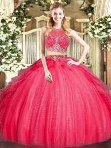 Red 15 Quinceanera Dress Military Ball and Sweet 16 and Quinceanera with Beading and Ruffles Scoop Sleeveless Zipper