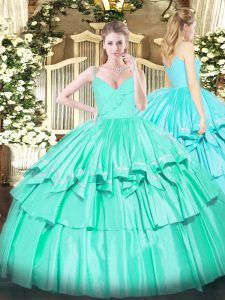 Discount Turquoise Taffeta Zipper Spaghetti Straps Sleeveless Floor Length Quinceanera Dresses Ruffled Layers