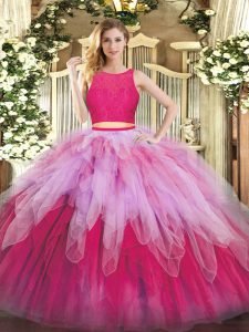 Extravagant Hot Pink Ball Gowns Organza Scoop Sleeveless Lace and Ruffles Floor Length Zipper Sweet 16 Dresses