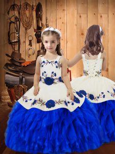 Fashionable Royal Blue Organza Lace Up Straps Sleeveless Floor Length Kids Formal Wear Embroidery and Ruffles