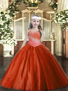 Latest Beading Kids Pageant Dress Rust Red Lace Up Sleeveless Floor Length