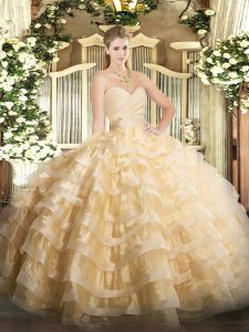 Champagne Sweetheart Neckline Beading and Ruffled Layers 15th Birthday Dress Sleeveless Lace Up