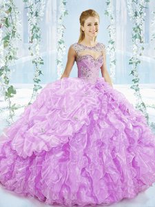 Sexy Lilac Quinceanera Dresses Organza Brush Train Sleeveless Beading and Ruffles