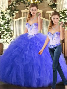 Inexpensive Blue Two Pieces Organza Sweetheart Sleeveless Beading and Ruffles Floor Length Lace Up 15th Birthday Dress