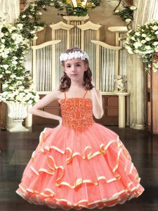 Beading and Ruffled Layers Kids Formal Wear Watermelon Red Lace Up Sleeveless Floor Length