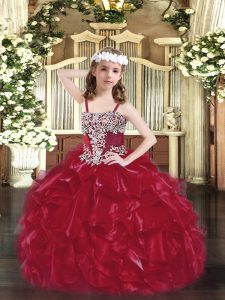 Sleeveless Floor Length Appliques and Ruffles Lace Up Girls Pageant Dresses with Wine Red