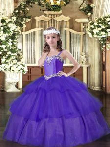 Organza Straps Sleeveless Lace Up Beading and Ruffled Layers Pageant Gowns For Girls in Purple