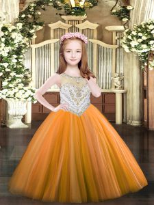 Attractive Orange Tulle Zipper Scoop Sleeveless Floor Length Pageant Dress for Girls Beading