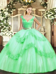 Fantastic Apple Green Ball Gowns V-neck Sleeveless Tulle Floor Length Zipper Beading and Appliques 15 Quinceanera Dress