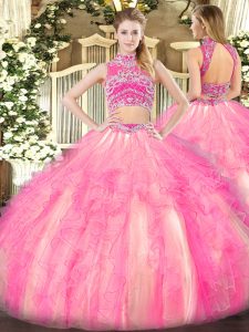 Clearance Sleeveless Floor Length Beading and Ruffles Backless Quinceanera Gowns with Watermelon Red and Rose Pink