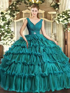 Teal Organza Backless V-neck Sleeveless Floor Length Vestidos de Quinceanera Beading and Ruffled Layers