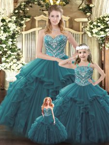 Spectacular Teal Quinceanera Dresses Military Ball and Sweet 16 and Quinceanera with Beading and Ruffles Sweetheart Sleeveless Lace Up