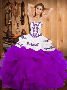 High Class Strapless Sleeveless Vestidos de Quinceanera Floor Length Embroidery and Ruffles Purple Satin and Organza