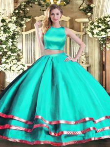 High-neck Sleeveless Criss Cross Quinceanera Dress Aqua Blue Tulle