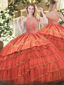 Fitting Rust Red Zipper Halter Top Beading and Embroidery and Ruffles Quince Ball Gowns Satin and Organza Sleeveless