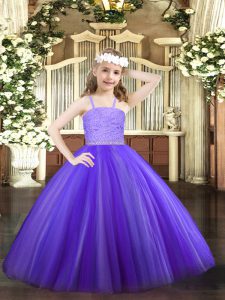 High End Lavender Ball Gowns Straps Sleeveless Tulle Floor Length Zipper Beading and Lace Kids Formal Wear