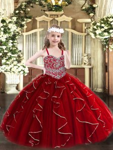 Wine Red Straps Neckline Beading and Ruffles Little Girls Pageant Dress Sleeveless Lace Up