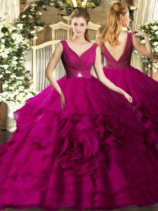 Dazzling Ball Gowns Quince Ball Gowns Fuchsia V-neck Organza Sleeveless Floor Length Backless