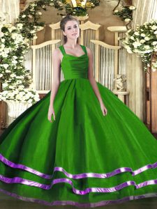 Sleeveless Tulle Floor Length Zipper Sweet 16 Dresses in Green with Ruffled Layers