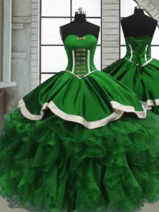 Green Ball Gowns Sweetheart Sleeveless Satin and Organza Floor Length Lace Up Beading and Ruffles Sweet 16 Quinceanera Dress