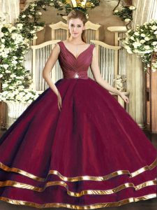 Dazzling Burgundy Sleeveless Tulle Backless Sweet 16 Dresses for Sweet 16 and Quinceanera