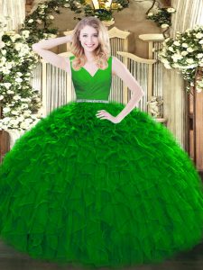 Tulle Sleeveless Floor Length 15th Birthday Dress and Beading and Ruffles