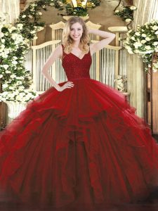 Perfect Wine Red Organza Backless V-neck Sleeveless Floor Length Quinceanera Dresses Beading and Lace and Ruffles