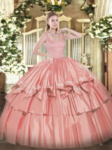 On Sale Straps Sleeveless Quinceanera Gown Floor Length Beading and Ruffled Layers Coral Red Taffeta