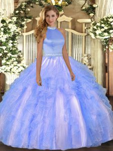 Sexy Floor Length Backless Quinceanera Gown Baby Blue for Military Ball and Sweet 16 and Quinceanera with Beading and Ruffles