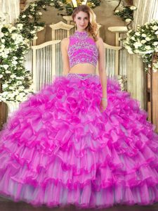 High Class High-neck Sleeveless Sweet 16 Dresses Floor Length Beading and Ruffled Layers Lilac Tulle