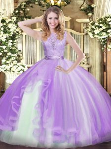 Scoop Sleeveless Organza Quinceanera Gowns Lace and Ruffles Backless